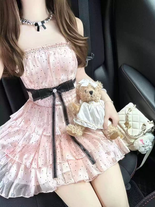 Simple Polka dot Pattern Design A-line Sleeveless Spaghetti Strap Tiered Dress TP3290