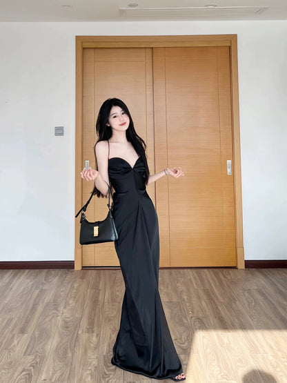 Simple Black Mermaid Design Heart-shaped Collar A-line Sleeveless Spaghetti Strap Dress TP3302