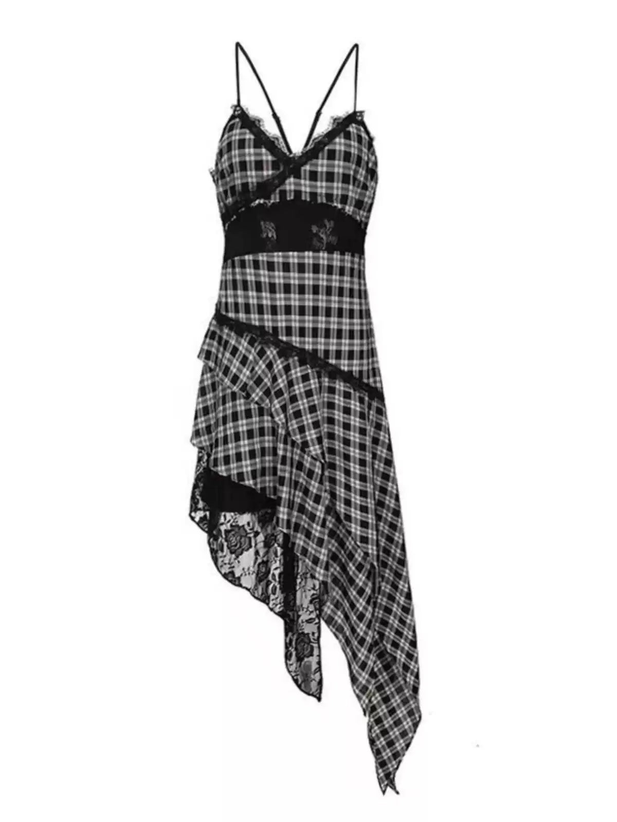 New Fashion Plaid Ruffled Irregular Dress Hem Design A-line Sleeveless Spaghetti Strap Dress TP3304