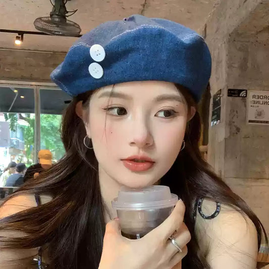 Stylish Design Sense Buttons Decorated Denim Beret TP2817