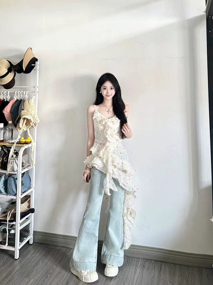 Fashion Irregular Ruffled Floral Design A-line Sleeveless Spaghetti Strap Dress TP3279