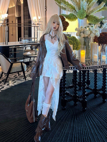 Simple White Irregular Ruffled Hem Design A-line Sleeveless Spaghetti Strap Dress TP3298