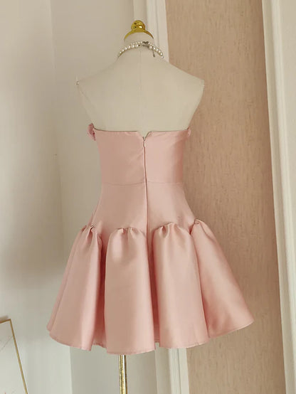 Retro Pink 3D Flowers Design A-line Strapless Satin Mini Party Dress Homecoming Dress TP4045