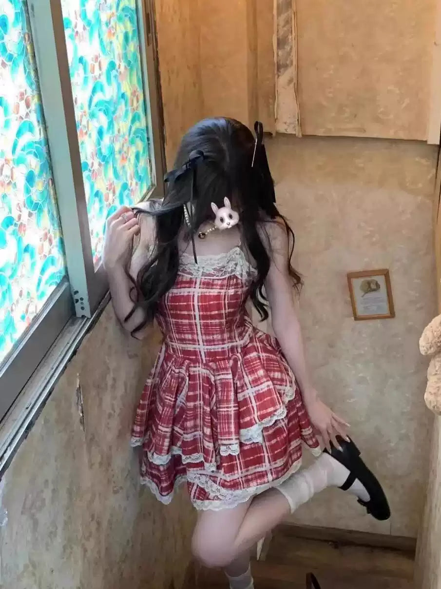 Simple Plaid Ruffled Hem Design A-line Sleeveless Spaghetti Strap Dress TP3305