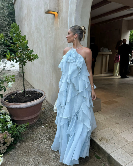 Chic Sky Blue Ruffled Tiered Evening Gown Sheath Chiffon Party Dress Long Formal Dress TP4931