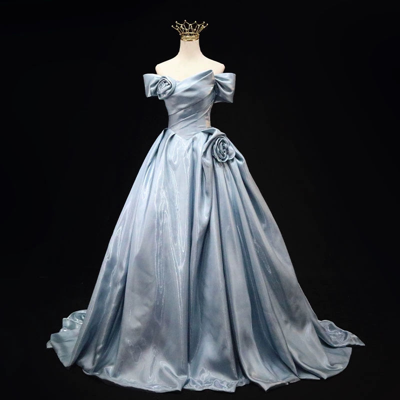 Glamorous Light Blue Satin Off-Shoulder 3D Rose Sweet 15 Quinceanera Ball Gown TP5460