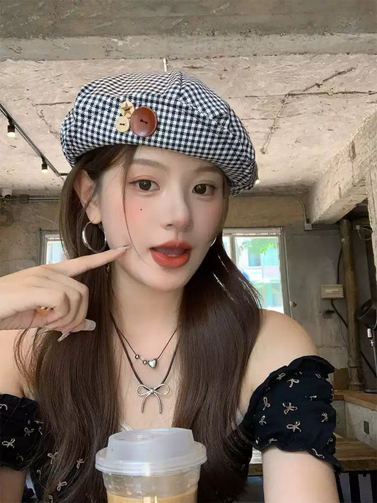 Button Plaid Fashion Simple Denim Thin Breathable Beret TP2813