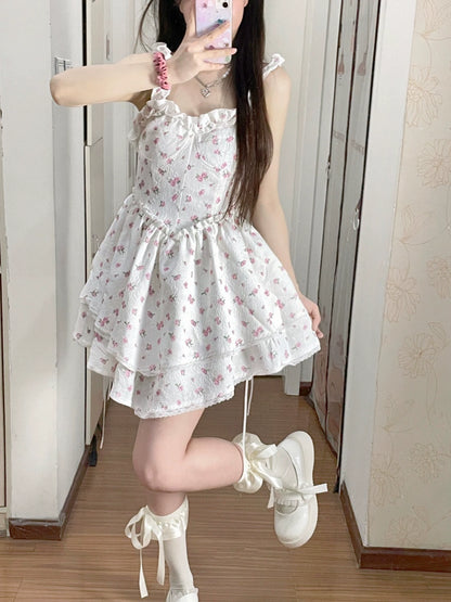 New Fashion Pink Floral Design A-line Sleeveless Spaghetti Strap Tiered Dress TP3291