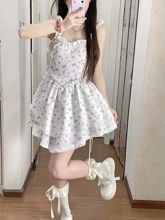 New Fashion Pink Floral Design A-line Sleeveless Spaghetti Strap Tiered Dress TP3291