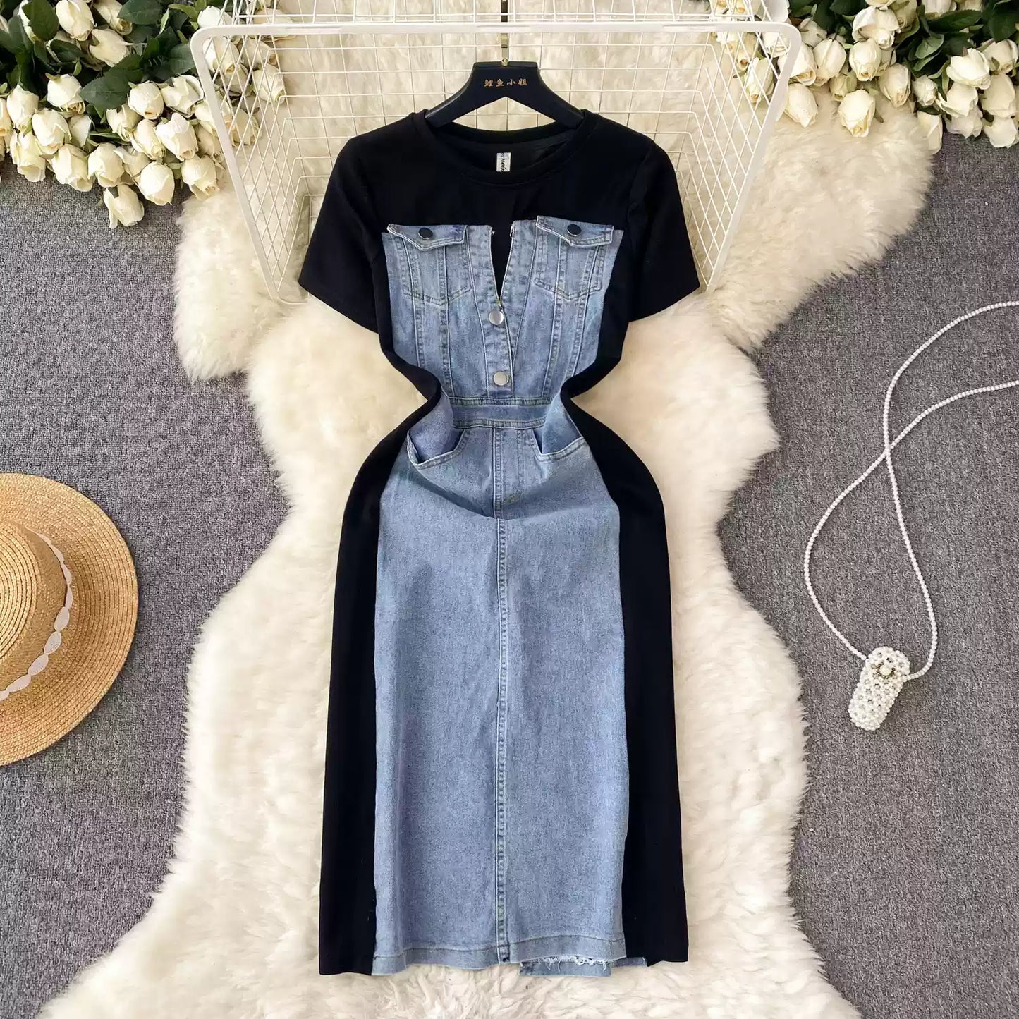 Fashion Design Sense Crew Neck Short Sleeve Patchwork Denim Dress TP2829