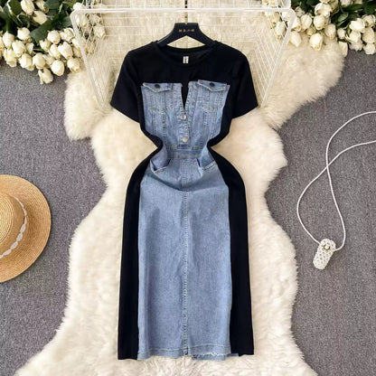 Fashion Design Sense Crew Neck Short Sleeve Patchwork Denim Dress TP2829