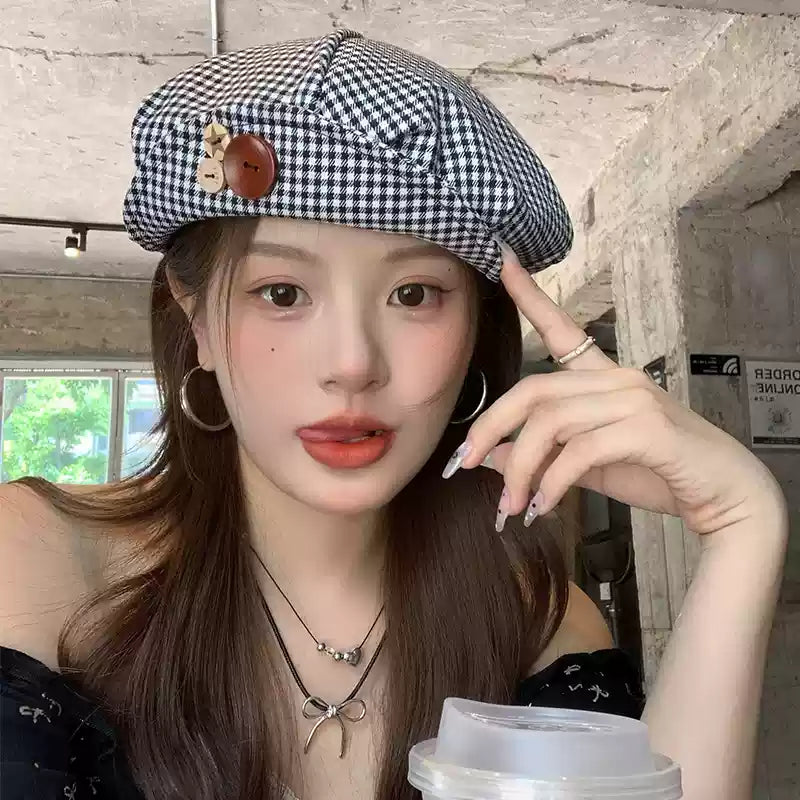 Button Plaid Fashion Simple Denim Thin Breathable Beret TP2813