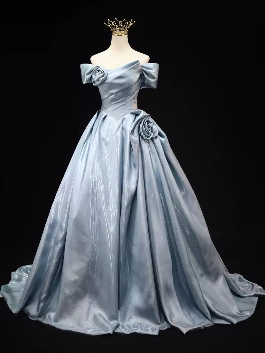 Glamorous Light Blue Satin Off-Shoulder 3D Rose Sweet 15 Quinceanera Ball Gown TP5460