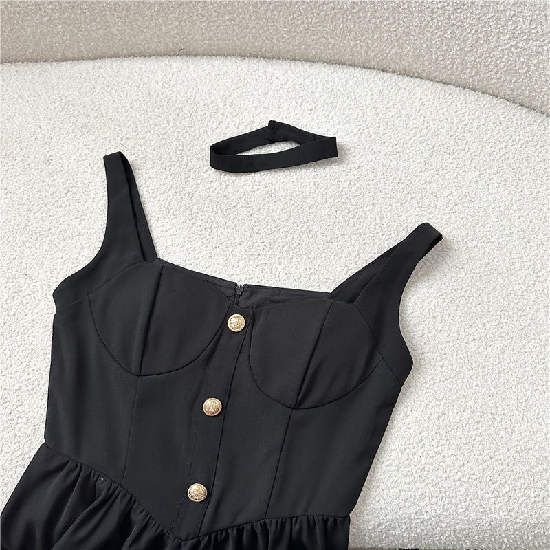 New Fashion Cinched Waist Design Black A-line Sleeveless Spaghetti Strap Dress TP3280