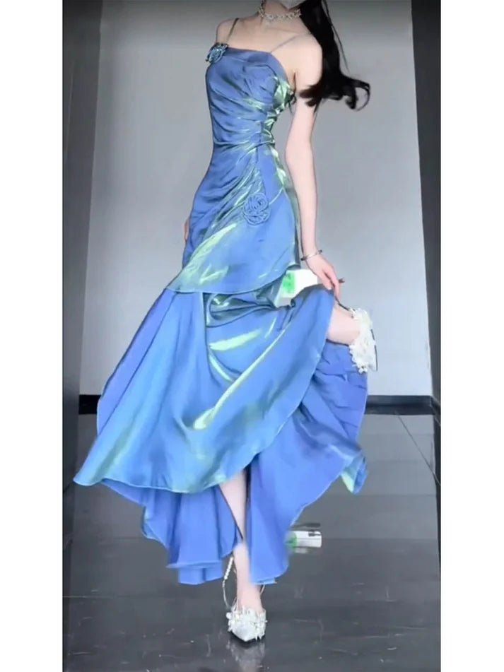 Vintage Blue Spaghetti Strap Ruffle Design Elegant A-line Satin Evening Dress Prom Dress TP4115