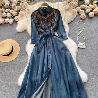 Vintage Embroidery Design Sense high-end Elegant Long Single-breasted Denim Dress TP2826
