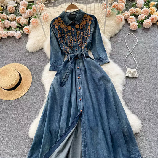 Vintage Embroidery Design Sense high-end Elegant Long Single-breasted Denim Dress TP2826