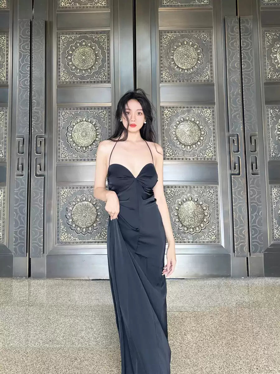 Simple Black Mermaid Design Heart-shaped Collar A-line Sleeveless Spaghetti Strap Dress TP3302