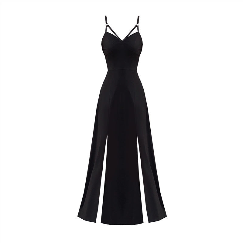 Simple Black V-neck Split Dress Design A-line Sleeveless Spaghetti Strap Dress TP3261