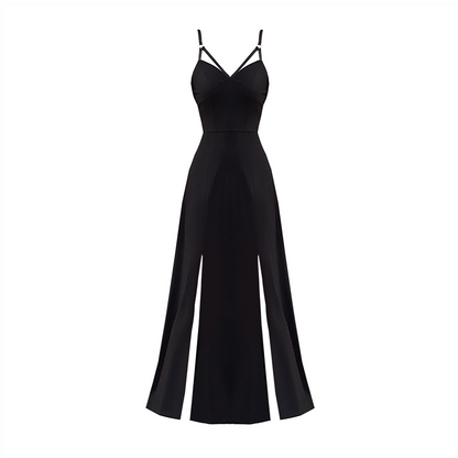 Simple Black V-neck Split Dress Design A-line Sleeveless Spaghetti Strap Dress TP3261