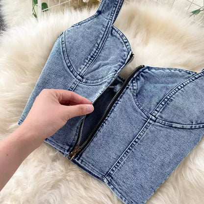 New Fashion Sexy Two-piece Short Halter Tank Top High Waisted Two-piece Denim Skirt TP2827
