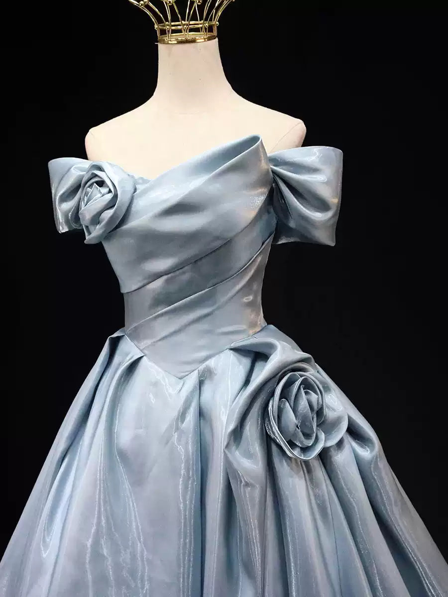 Glamorous Light Blue Satin Off-Shoulder 3D Rose Sweet 15 Quinceanera Ball Gown TP5460