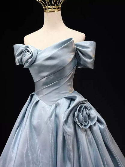 Glamorous Light Blue Satin Off-Shoulder 3D Rose Sweet 15 Quinceanera Ball Gown TP5460