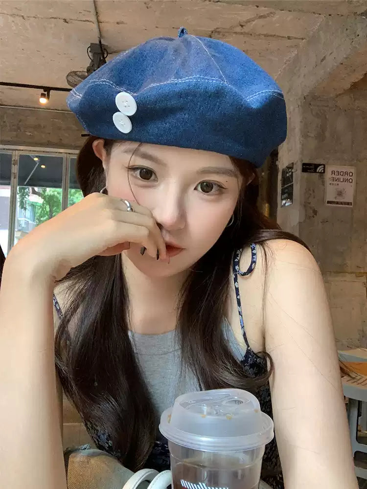Stylish Design Sense Buttons Decorated Denim Beret TP2817