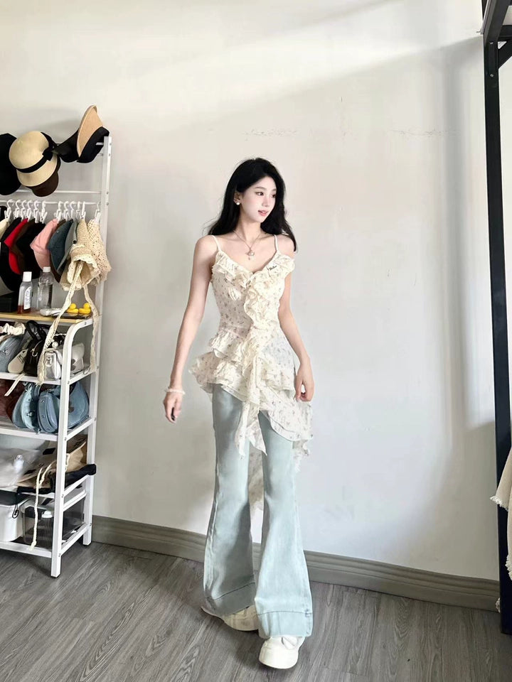 Fashion Irregular Ruffled Floral Design A-line Sleeveless Spaghetti Strap Dress TP3279