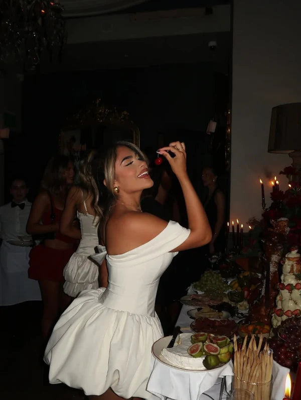 Sexy Ivory Satin Off-the-shoulder Sweetheart Short A-Line Party Dress Cocktail Dress Homecoming Dress TP4434