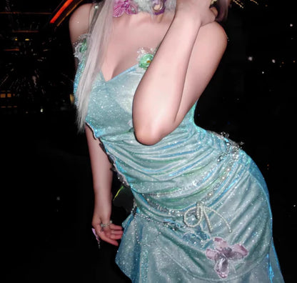 Fashion Mint Green Sparkling Sequin Spaghetti Strap Ruffled Hem Short 16th Birthday Party Dress Homecoming Dress TP4039