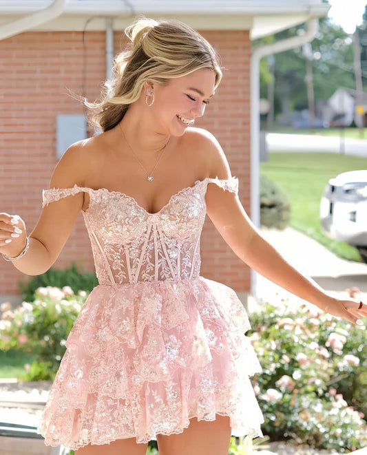 Fashion Light Pink Lace Design Off-the-shoulder Tiered Homecoming Dress TP3550
