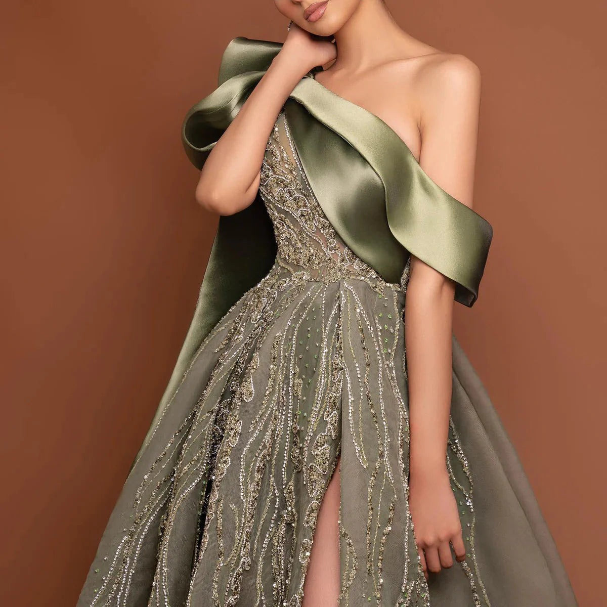 Gorgeous Sparkling Beaded Green One-shoulder A-Line High Slit Long Prom Dress Evening Dress TP4556