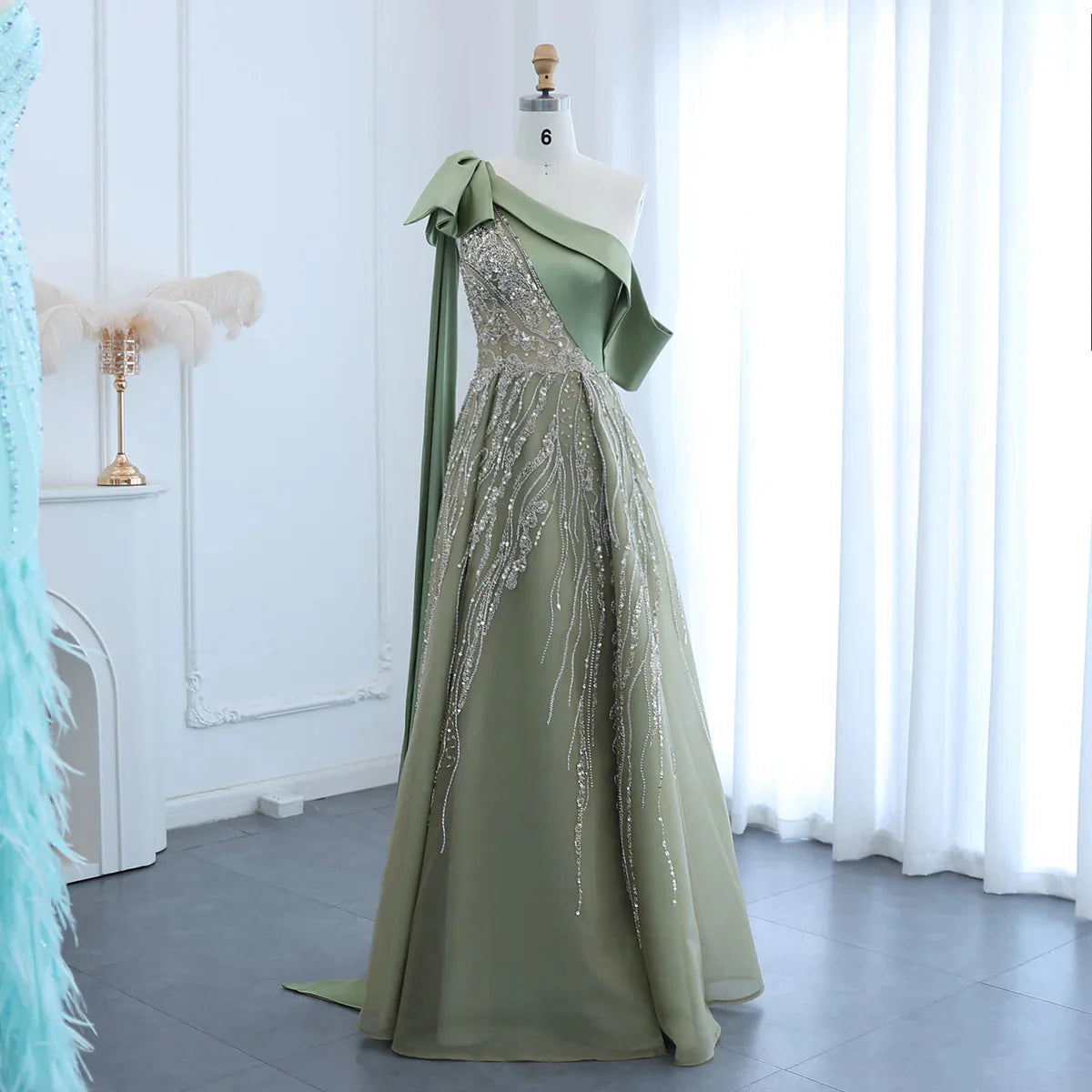Gorgeous Sparkling Beaded Green One-shoulder A-Line High Slit Long Prom Dress Evening Dress TP4556