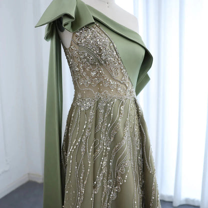 Gorgeous Sparkling Beaded Green One-shoulder A-Line High Slit Long Prom Dress Evening Dress TP4556