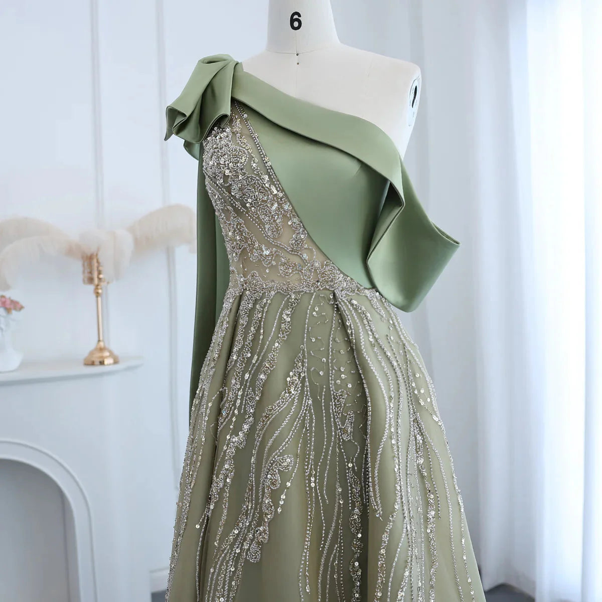Gorgeous Sparkling Beaded Green One-shoulder A-Line High Slit Long Prom Dress Evening Dress TP4556