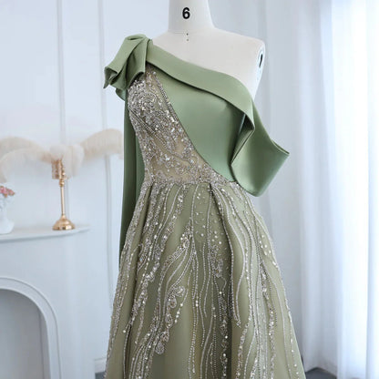Gorgeous Sparkling Beaded Green One-shoulder A-Line High Slit Long Prom Dress Evening Dress TP4556