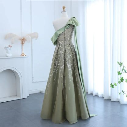 Gorgeous Sparkling Beaded Green One-shoulder A-Line High Slit Long Prom Dress Evening Dress TP4556