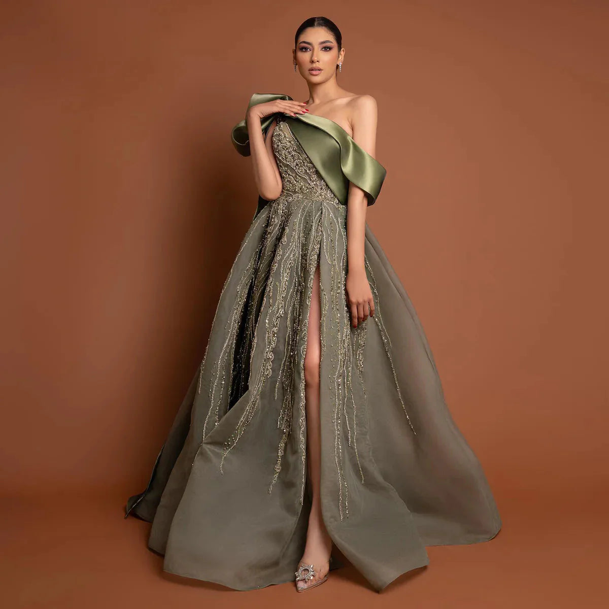 Gorgeous Sparkling Beaded Green One-shoulder A-Line High Slit Long Prom Dress Evening Dress TP4556