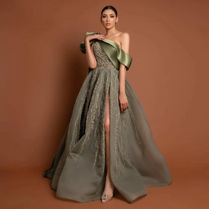 Gorgeous Sparkling Beaded Green One-shoulder A-Line High Slit Long Prom Dress Evening Dress TP4556
