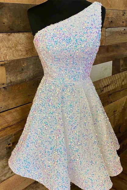 Charming White Sequin One- shoulder Design Cocktail Dress A-line Homecoming Dress TP3617