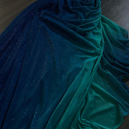 Vintage Shiny Gradient Blue-green Sheath Chiffon Unique Shoulder Strap Design Long Prom Dress Evening Dress TP2505