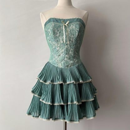 Vintage Green Beaded Design Elegant Sleeveless Strapless Tiered Homecoming Dress TP3509