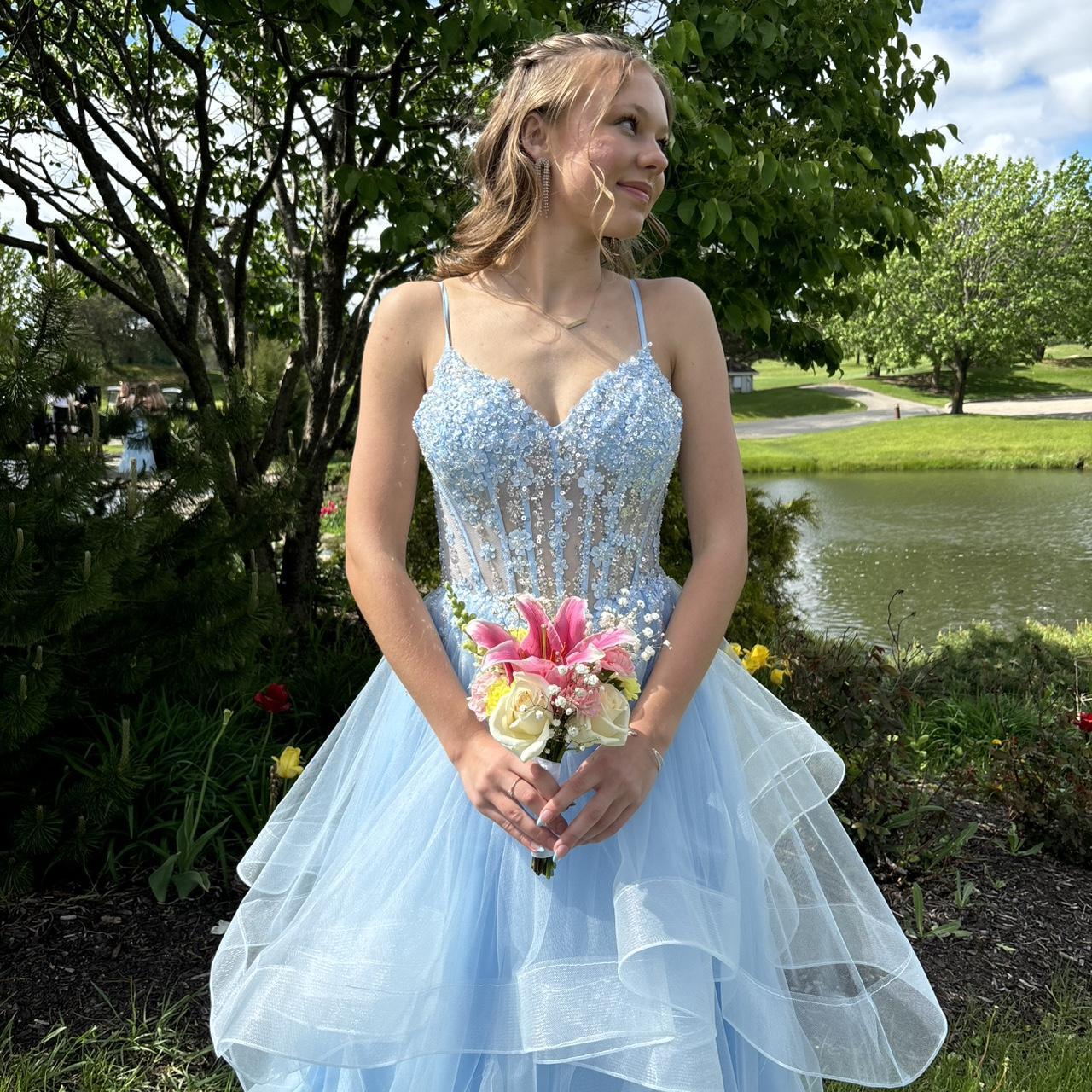 Vintage Blue Tulle Prom Dress Spaghetti Strap Evening Dress Long A-Line Formal Dress TP4646