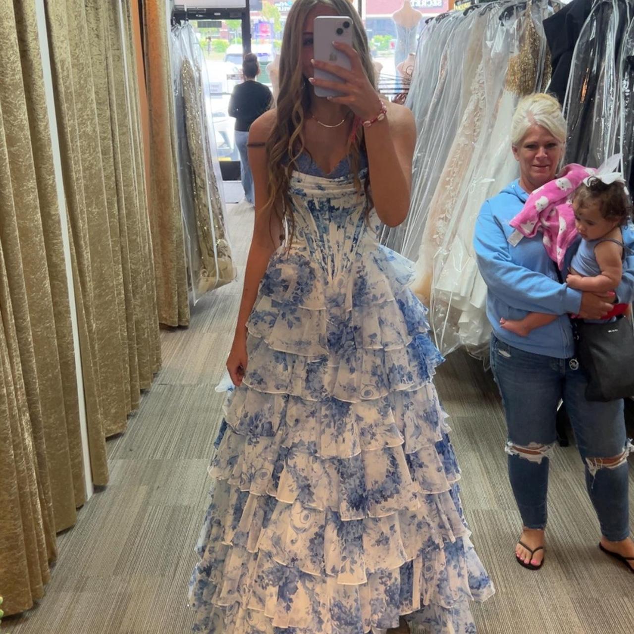 Vintage Blue Floral Prom Dress A-Line Tiered Evening Dress Long Formal Dress TP4649