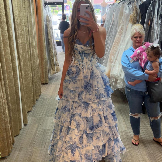 Vintage Blue Floral Prom Dress A-Line Tiered Evening Dress Long Formal Dress TP4649