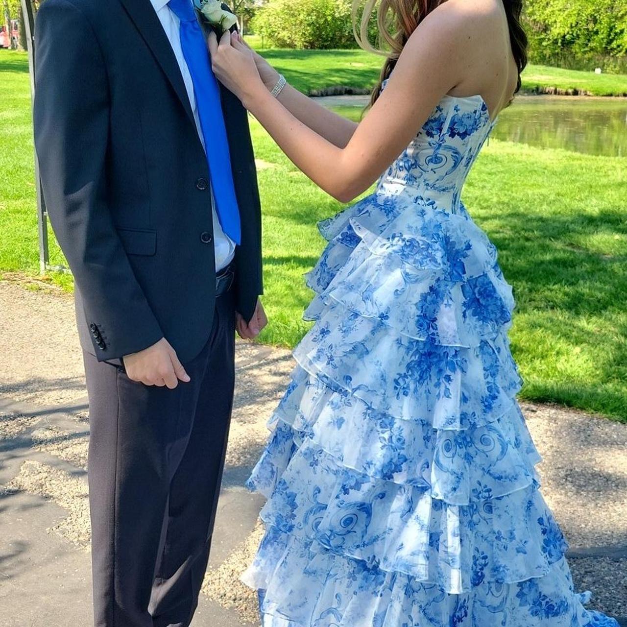 Vintage Blue Floral Prom Dress A-Line Tiered Evening Dress Long Formal Dress TP4649