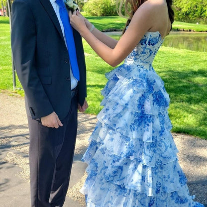 Vintage Blue Floral Prom Dress A-Line Tiered Evening Dress Long Formal Dress TP4649