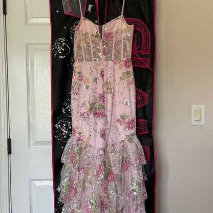 Vintage Pink Floral Sequin Prom Dress Spaghetti Strap Evening Dress Long Sheath Formal Dress TP4645