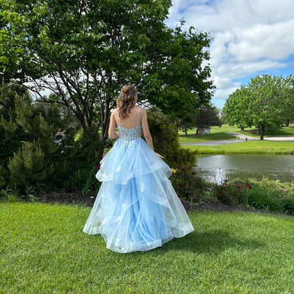 Vintage Blue Tulle Prom Dress Spaghetti Strap Evening Dress Long A-Line Formal Dress TP4646